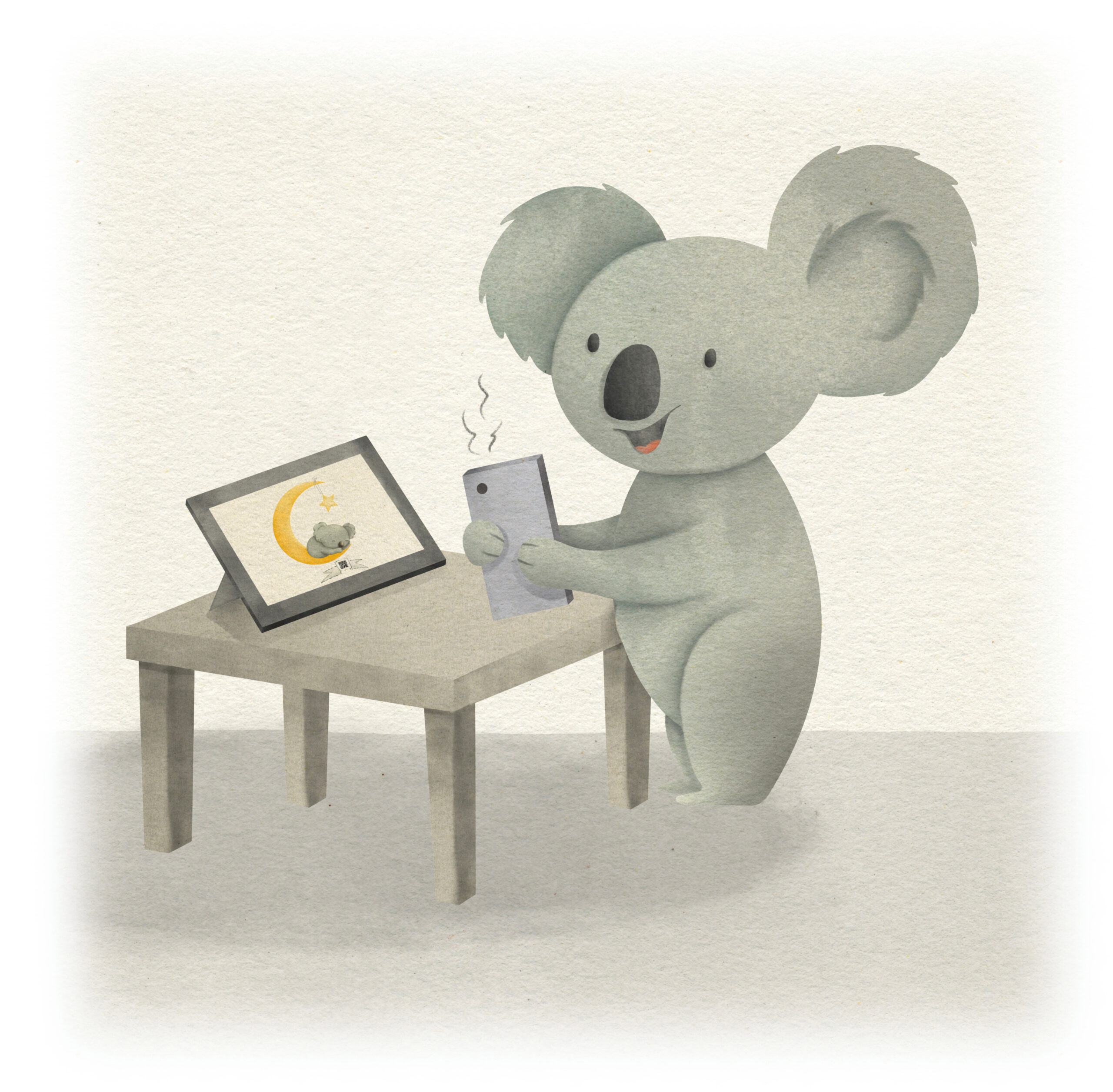 Sound Souvenir's Koala Mascot holding a phone and reading a QR Code