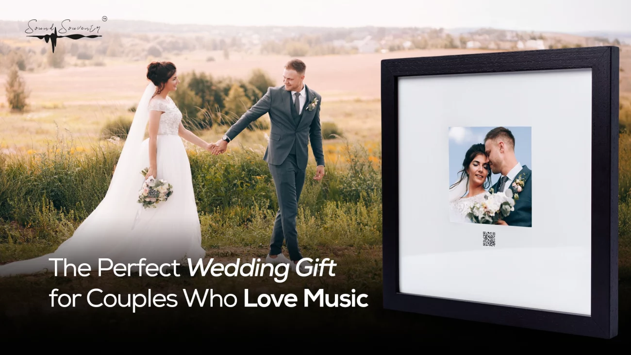 A recently married couple and a framed picture of them as couples who love music