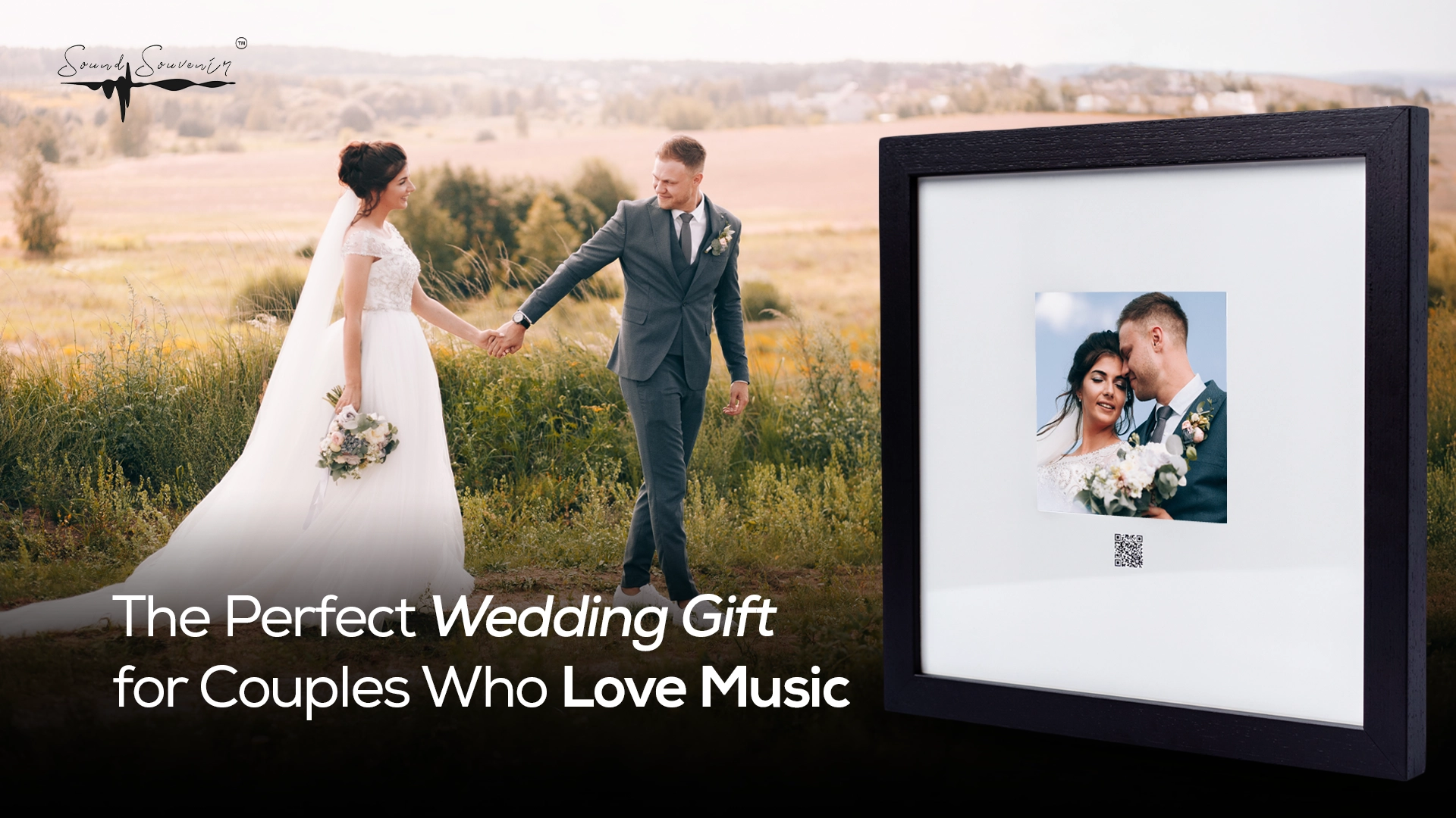 A recently married couple and a framed picture of them as couples who love music