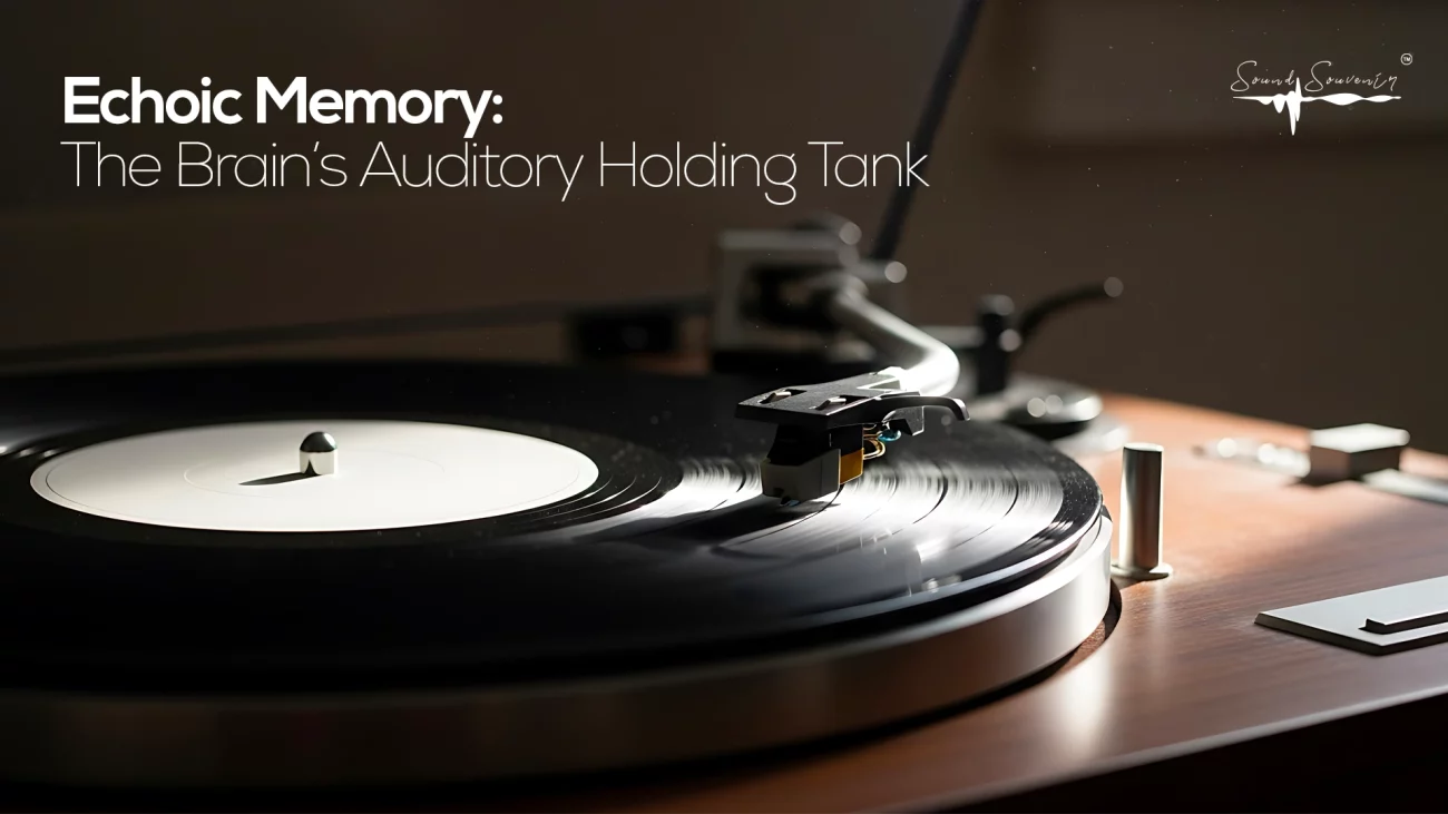 A vynil record player with the saying: Echoic Memory, The Brain's Auditory Holding Tank
